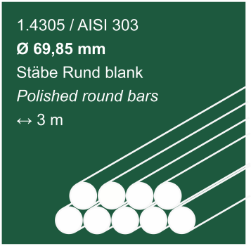 Edelstahlstäbe aus 1.4305 (303), 69,85 mm Durchmesser, 3000 mm lang, auf malachitgrünem Hintergrund abgebildet